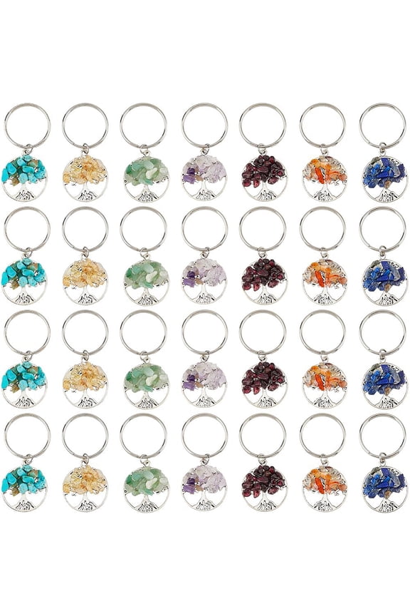 1 Set 28Pcs 7 Styles Gemstone Keychains with Alloy Findings and 304 Stainless Steel Split Key Rings Tree of Life 5.55cm 4pcs/style