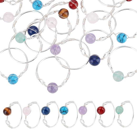 1 Set 28Pcs 7 Styles Round Natural & Gemstone Beads Finger Rings with Eco-Friendly Copper Wire Silver US Size 8(18.1mm) 4pcs/styleDIY