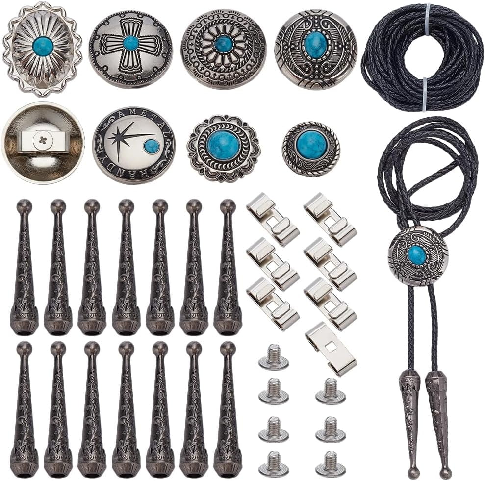 1 Set 28Pcs Bolo Tie Findings Kit Bolo Tie Tips Replacement Kit Bolo Tie Buckle Accessories with 14Pcs Alloy Cord End 7Pcs Bolo Tie Slide Clasps and 7Pcs Alloy Turquoise Buttons for Bolo Tie Making