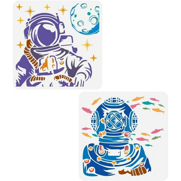 1 Set 2PCS Astronaut Diver Painting Stencil 11.8x11.8 inch Reusable Diving Astronauts Stencil Astronauts Character Theme Template for Painting on Wood Wall Canvas Fabric and Furniture for diy Human