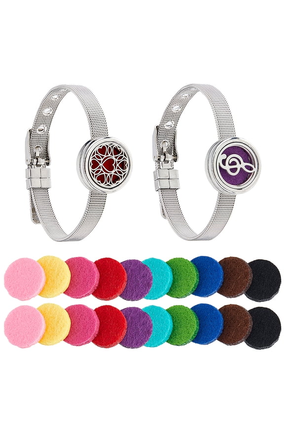 1 Set 2Pcs 2 Styles Adjustable 316L Surgical Stainless Steel Watch Band Bracelets Essential Oil Diffuser Bracelets for Women with Cotton Perfume