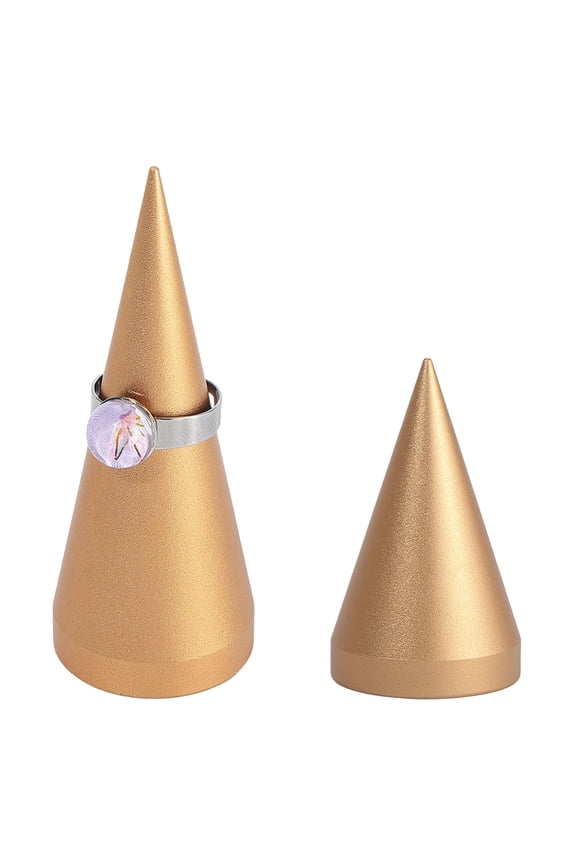 1 Set 2Pcs 2 Styles Alloy Ring Display Stands Cone Shaped Finger Ring Holder Golden 2.95~3x5~8.5cm 1pc/style