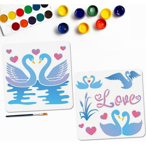 1 Set 2Pcs 2 Styles PET Hollow Out Drawing Painting Stencils for DIY Scrapbook Photo Album Swan 300x300mm 1pc/style