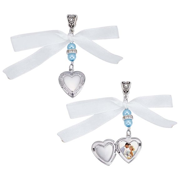 1 Set 2Pcs 316 Stainless Steel Locket Pendants with Plastic & Satin Ribbon Stainless Steel Color 64mm 2pcs/set