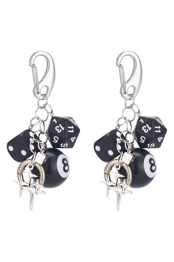 1 Set 2Pcs Acrylic & Plastic & Alloy Pendant Decorations Billiards & Dice with Alloy Spring Gate Rings Platinum 100mm