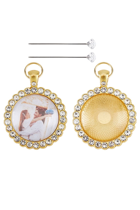 1 Set 2Pcs Alloy Rhinestone Pendant Setting with Glass Cabochons & Needles Golden 48mm