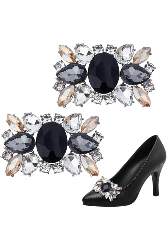 1 Set 2Pcs Alloy Rhinestone Shoe Buckle Clips Detachable Shoe Decoration Rectangle Jet 60x39x12mm for DIY
