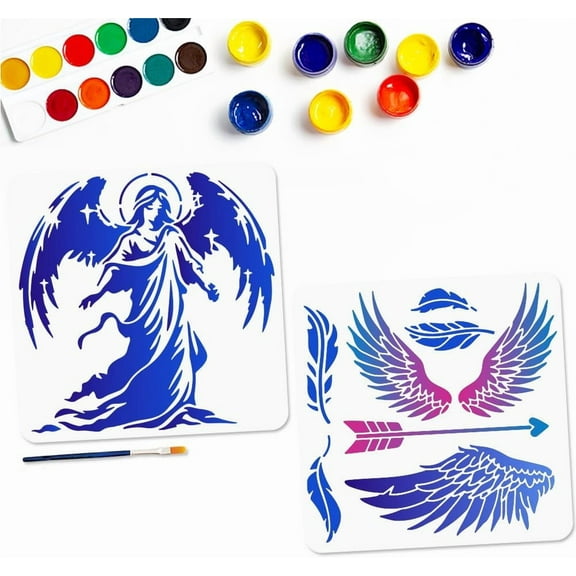 1 Set 2Pcs Angel Painting Stencil Feather Wings Stencil 11.811.8inch Angel Statue Stencil with Paint Brush Feather Arrow Reusable Templates for Wood Window DIY Craft Photo Album