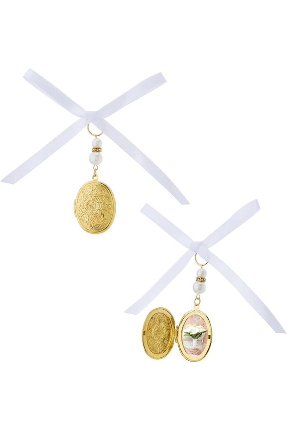 1 Set 2Pcs Bowknot Bouquet Photo Locket Charms Brass Locket Pendant Decorations with Imitated Pearl Beads and Satin Ribbon Gold Oval Rial Angel Photo Pendants for Bridal Decorations diy Golden