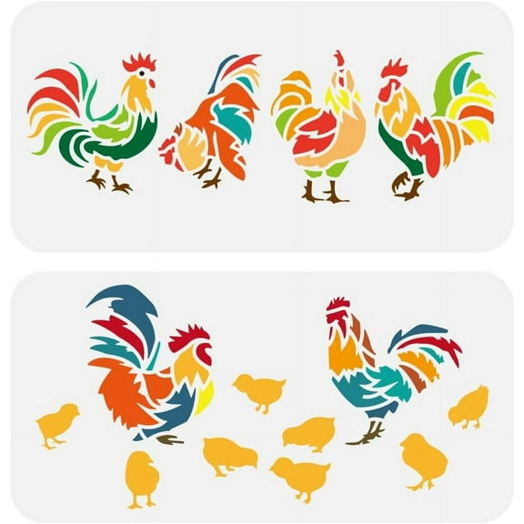 1 Set 2Pcs Chickens Stencil 11.8x5.9inch Roosters Painting Stencils Reusable Chicks Templates Chicken Border Drawing Templates for Wall Fabric Tiles Floor Paper Furniture Wood