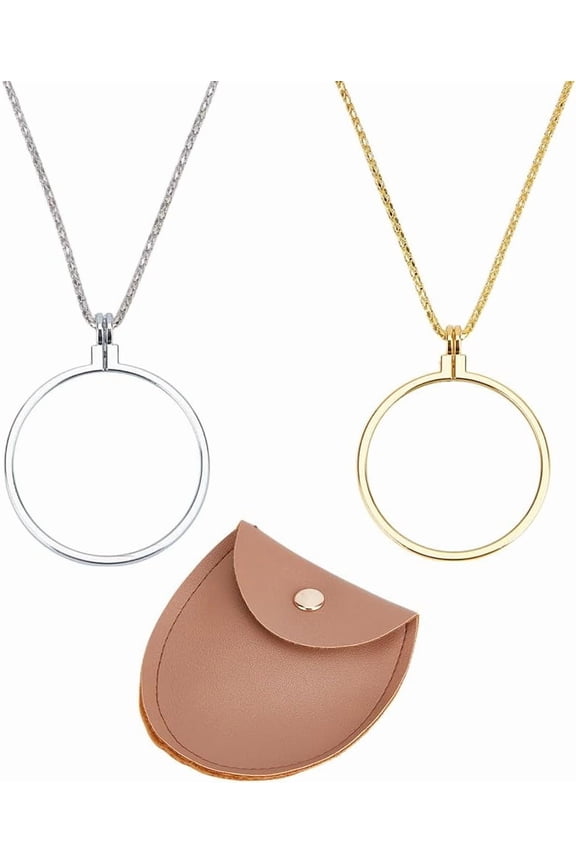 1 Set 2Pcs Flat Round Glass Magnifying Pendant Necklace with 1Pc PU Imitation Leather Bags Mixed Color Necklace: 35.43 inch(90cm)