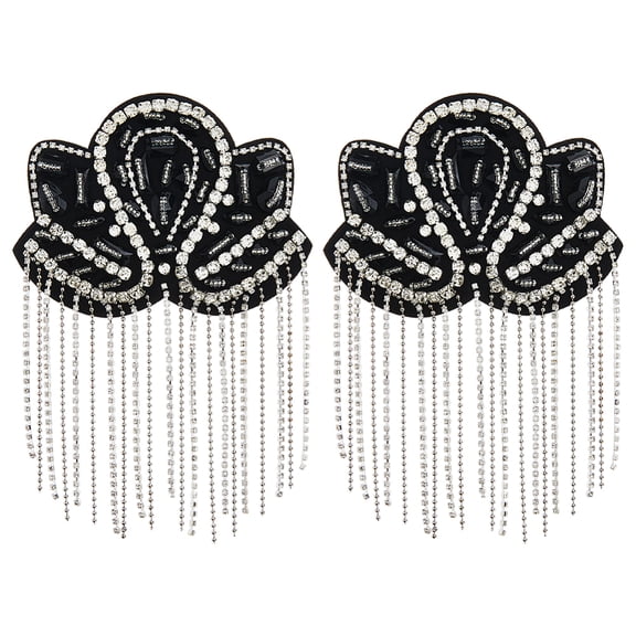 1 Set 2Pcs Flower Rhinestone Tassel with Felt Epaulettes Shoulder Badges Platinum Black 174x125x13.5mm