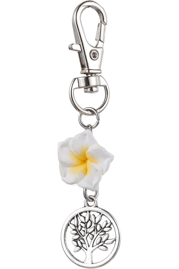 1 Set 2Pcs Handmade Polymer Clay Plumeria Tree of Life Tibetan Style Alloy Finding Charm Bag Pendant Decoration for Jewelry Making Crafts Supplies White