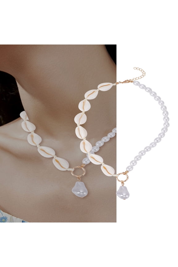 1 Set 2Pcs Handmade Shell and Pearl Choker Necklace for Women Beachy Boho Style Golden Golden for DIY
