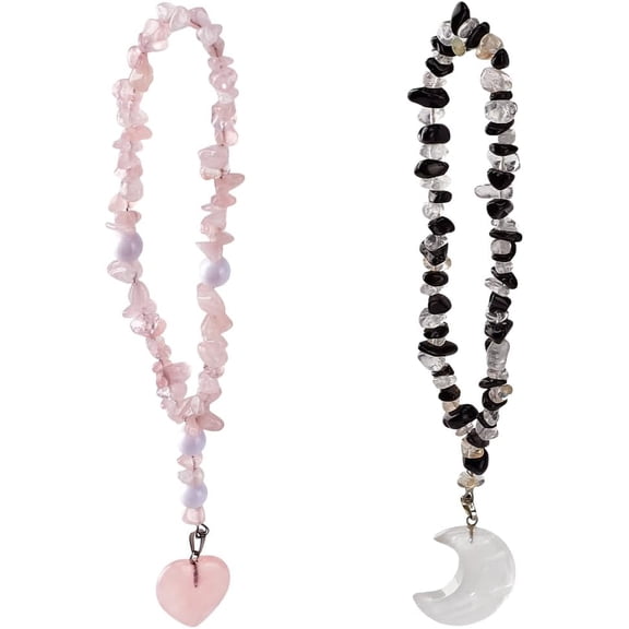 1 Set 2Pcs Natural Rose Quartz Obsidian & Quartz Crystal Pendant Decoration Moon/Heart 240mm 2pcs/set