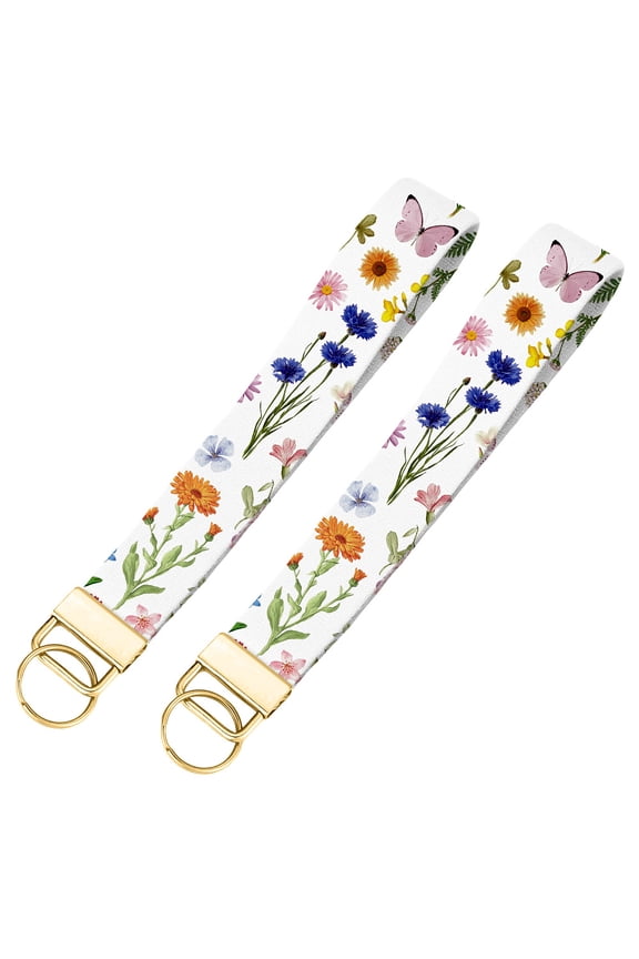 1 Set 2Pcs Polyester Wristlet Bracelet Keychain for Luggage Keychain Backpack Flower 165x25mm