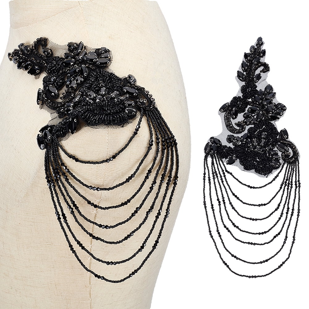 1 Set 2Pcs Rhinestone Sewing Ornaments Flower with Glass Seed Beads Mesh Yarn and Copper Alloy Black 310x118x5.5mm