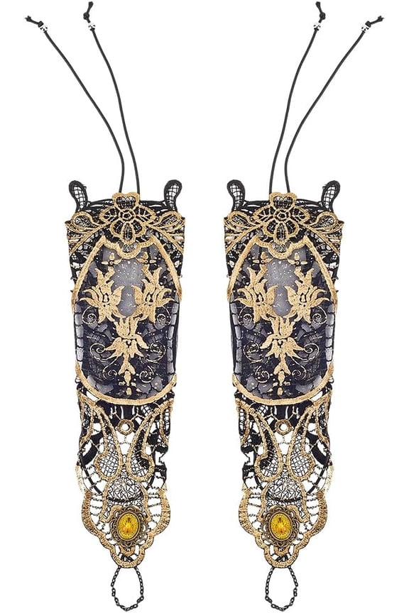 1 Set 2Pcs Vintage Polyester Lace Gloves Gothic Arm Chain Women's Accessories Black 270x85x7.5mm