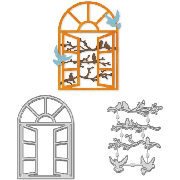 1 Set 2Pcs Window Bird Branches Cutting Dies Cut Stencils Window View Templated Embossing Die Cuts Set for Scrapbooking Making Window Frame Card Metal Die Cuts Cutting Dies for Photo Album Art Craft