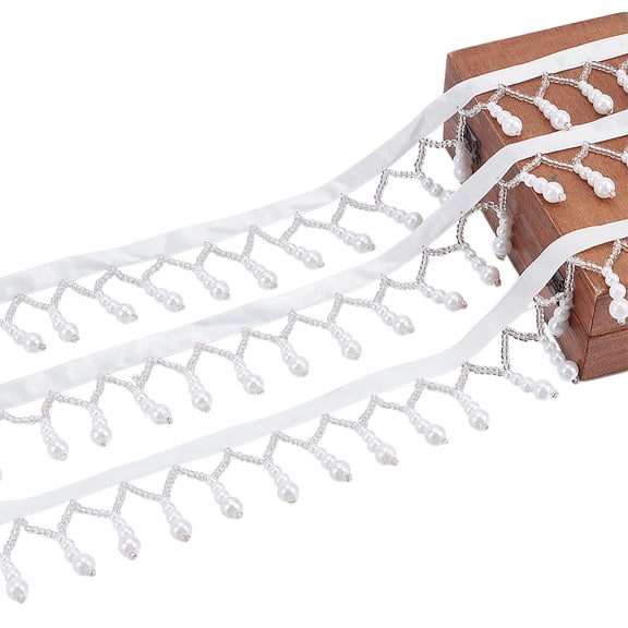 1 Set 3.33 Yards Fibre Fringe Lace Ribbon Plastic Imitation Pearl Tassel Ribbons White 1-3/4 inch(45mm)