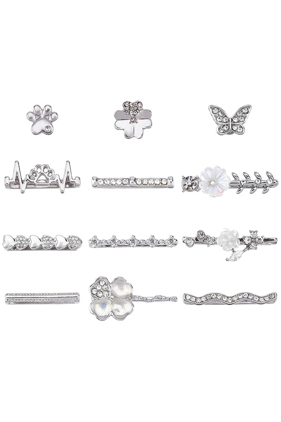 1 Set 3 Bags 3 Styles Alloy Rhinestone Watch Band Charms & Studs Mixed Shapes Platinum 3~12x8~25x5.5~9mm 4pcs/bag 1 bag/style