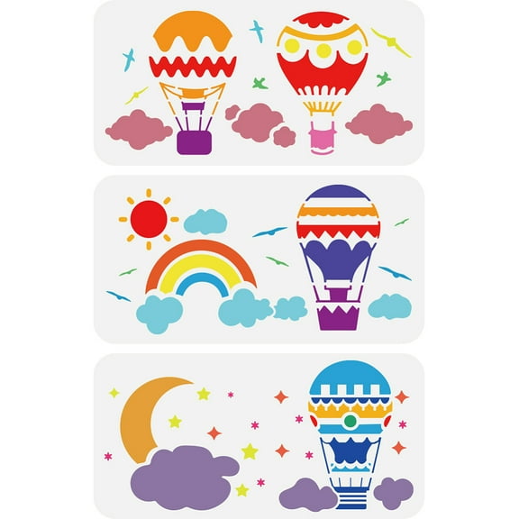 1 Set 3 PCS Hot Air Balloon Painting Stencils 5.9x11.8inch Reusable Sun Moon Rainbow Drawing Templates Clouds Birds Stars Stencils for Painting Border Theme Templates for Wall Floor Decor