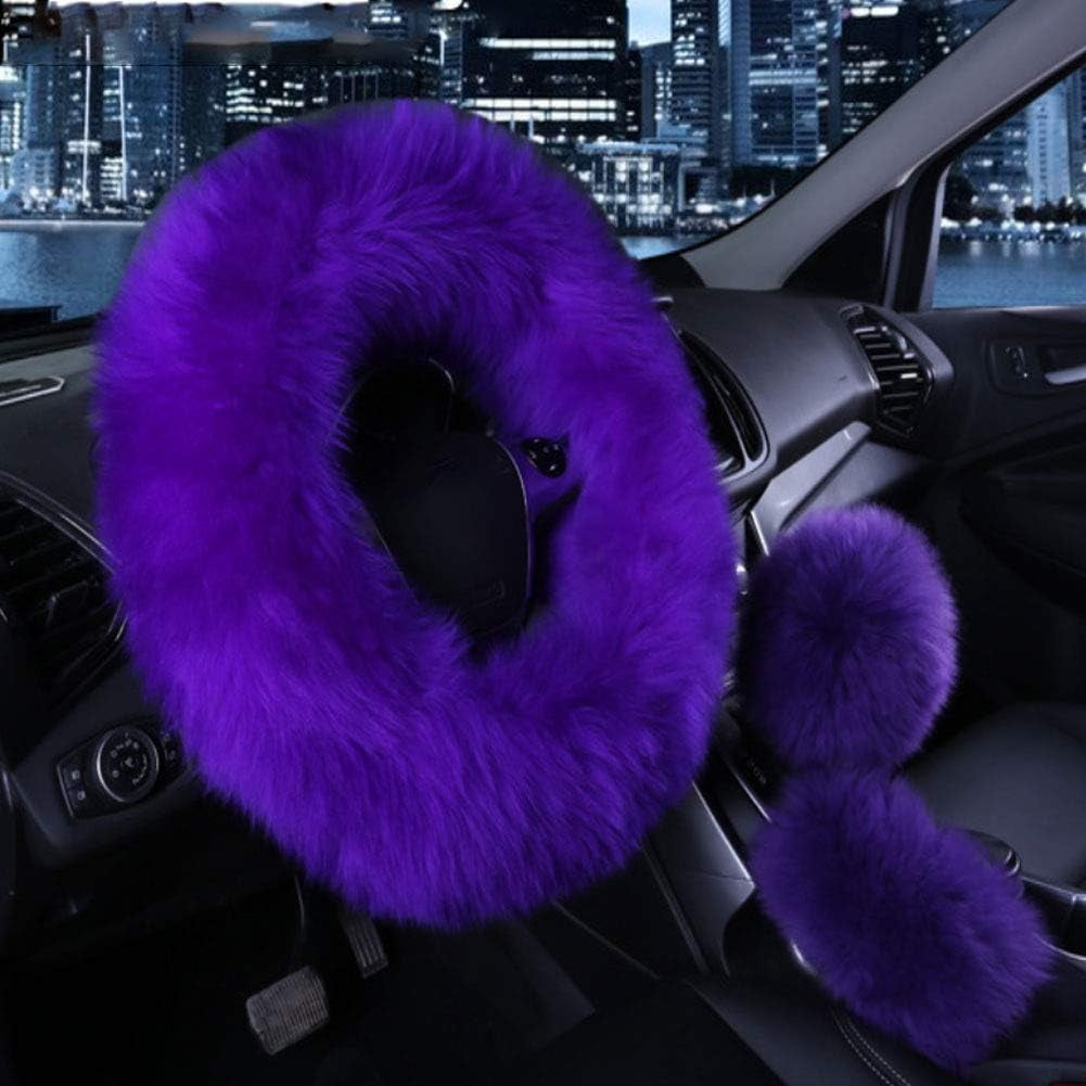 1 Set 3 Pcs Car Steering Wheel Cover Handbrake Cover and Gear Shift Cover Set Faux Wool Warm Winter, Violet