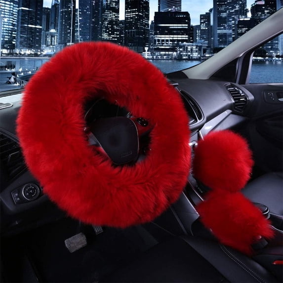 1 Set 3 Pcs Car Steering Wheel Cover Handbrake Cover and Gear Shift Cover Set Faux Wool Warm Winter, Wine Red