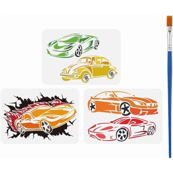 1 Set 3 Pcs Sport Car Drawing Stencil with A Paint Brush 11.7x8.3inch Roadster Painting Template Classic Car Racing Sedan DIY Decoration Stencil for Painting on Wood Wall Fabric Furniture