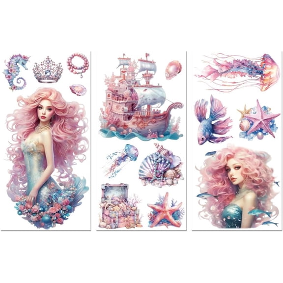 1 Set 3 Sheets 3 Styles PVC Waterproof Decorative Stickers Self Adhesive Decals for Furniture Decoration Mermaid 300x150mm 1 sheet/style