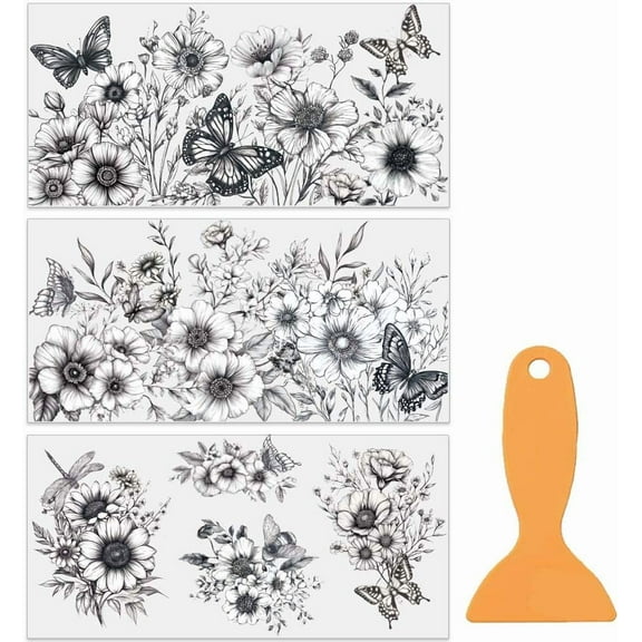 1 Set 3 Sheets 3 Styles PVC Waterproof Decorative Stickers Self Adhesive Floral Decals for Furniture Decoration Flower 300x150mm