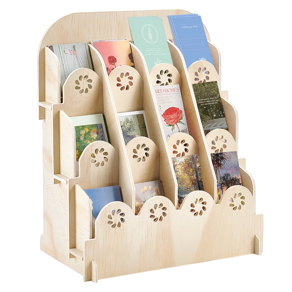 1 Set 3-Tier 9 Grids Wood Greeting Card Display Riser Stands Blanched Almond 27.8x17.2x29.3cm