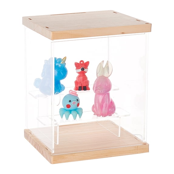 1 Set 3-Tier Transparent Acrylic Presentation Boxes Minifigures Display Case with Wood Base for Doll Action Figures Storage Clear Finish Product: 15x15x18cm 10Pcs/set