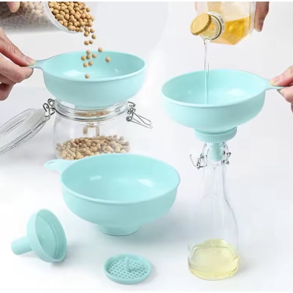 1 Set 3-in-1 Wide Mouth Kitchen Funnel w/ Strainer, Food Grade Funnel for Mason Jars & Bottles, Canning Funnel for Oil Spices Liquids TIKA