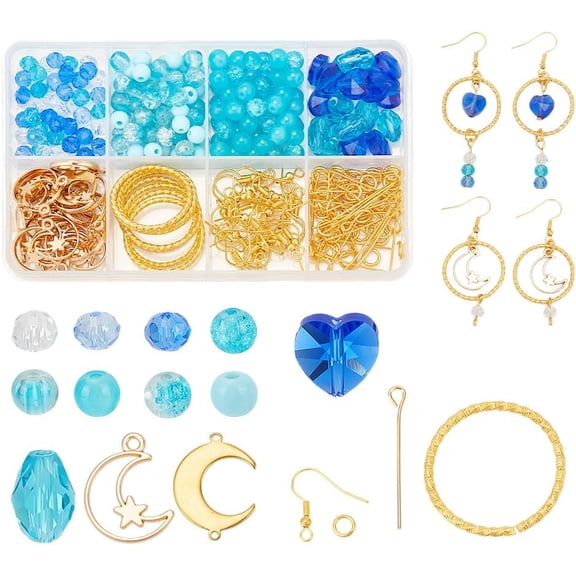 1 Set 302pcs Blue Glass Beads Earrings Making Kits Ocean Theme Beads Dangle Earrings Kit 6mm Round Beads Moon Connector Charms for Jewelry Making Hawaii Earring Bracelets Necklaces Crafts