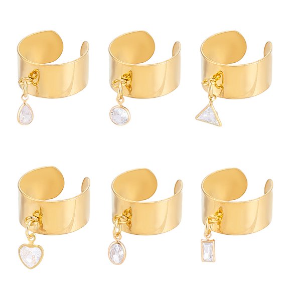 1 Set 304 Stainless Steel Cuff Rings for Women with Cubic Zirconia Charms Mixed Shapes Golden Adjustable 6pcs/set