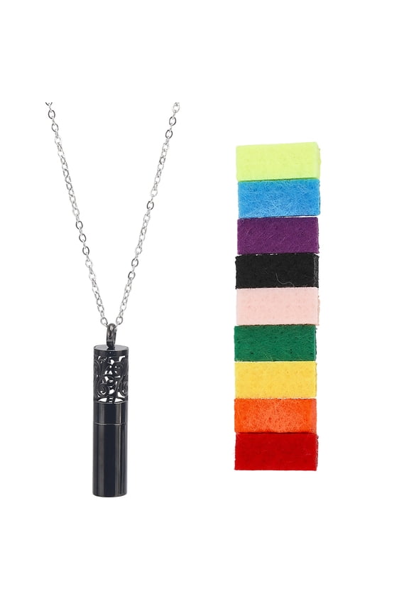 1 Set 304 Stainless Steel Hollow Cloud Column Perfume Bottle Pendant Necklaces with 10Pcs Felt Perfume Pads Black 23.62 inch(60cm)