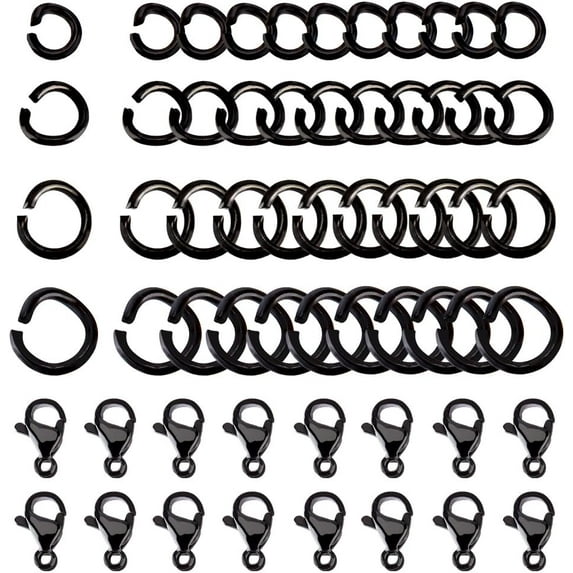 1 Set 304 Stainless Steel Open Jump Rings with Clasps 200Pcs 4Sizes Black Open Jump Rings with 20Pcs Lobster Claw Clasps for Necklace Bracelet Jewelry Making