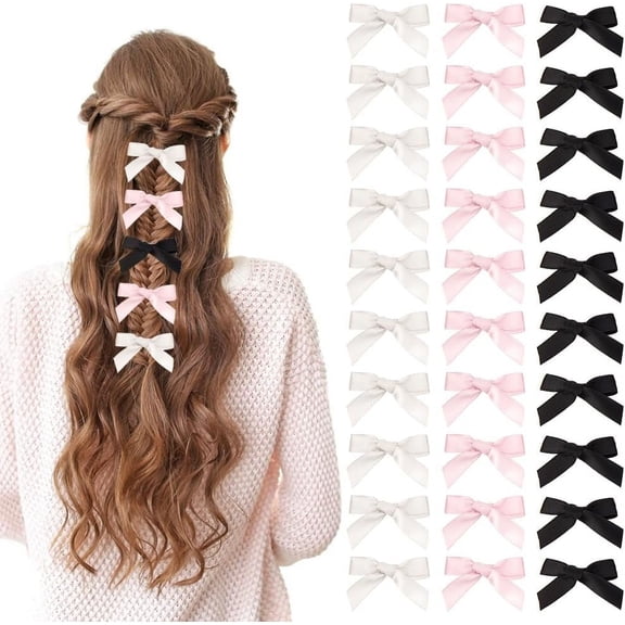 1 Set 30Pcs 3 Colors Bowknot Polyester Alligator Hair Clips with Platinum Plated Alloy Clip for Women Girls Mixed Color 30~33.5x41~43x8~10mm 10pcs/color