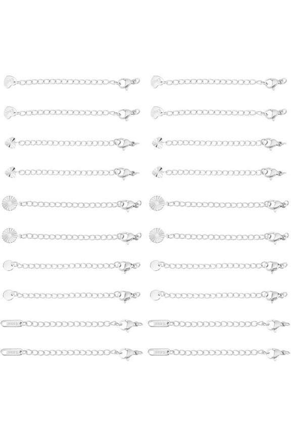 1 Set 30Pcs 5 Styles 4 Sizes Chain Extender 304 Stainless Steel Extension Chain Sets Necklace Extender Chain End Chains Extension Tails with Clasps and Tiny Charm for Necklace Jewelry Making