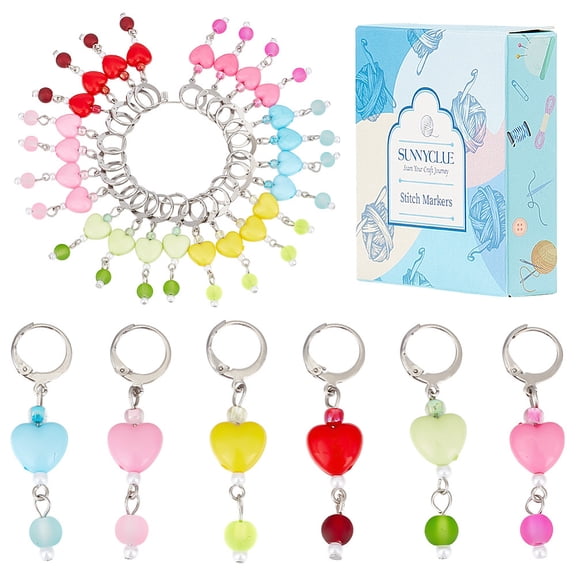 1 Set 30Pcs 6 Colors Heart Glass Locking Stitch Markers with 304 Stainless Steel Leverback Earring Findings Mixed Color 4.5cm 5pcs/color