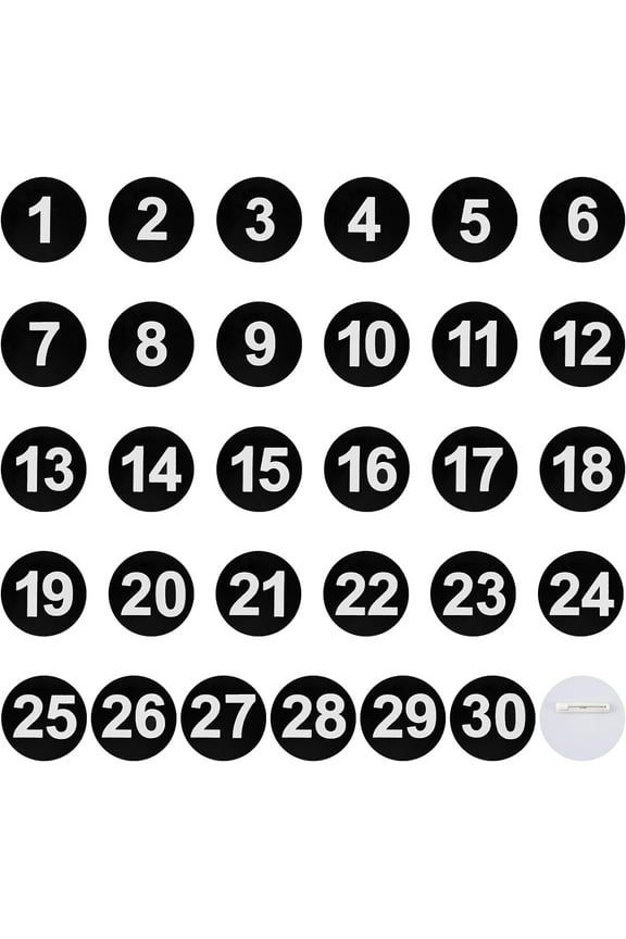 1 Set 30pcs Plastic Number Tag 49mm Round Number Brooch Black Number Tags with Pins Label with Number 1-30 Round Number Labels for Backpack Clothes Contestant Sports Events