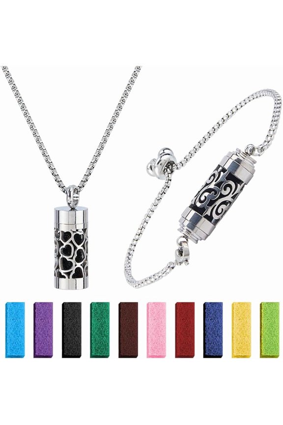 1 Set 316 Surgical Stainless Steel Box Chain Hollow Column Perfume Bottle Pendant Necklaces with 1Set Slider Bracelets Stainless Steel Color for DIY