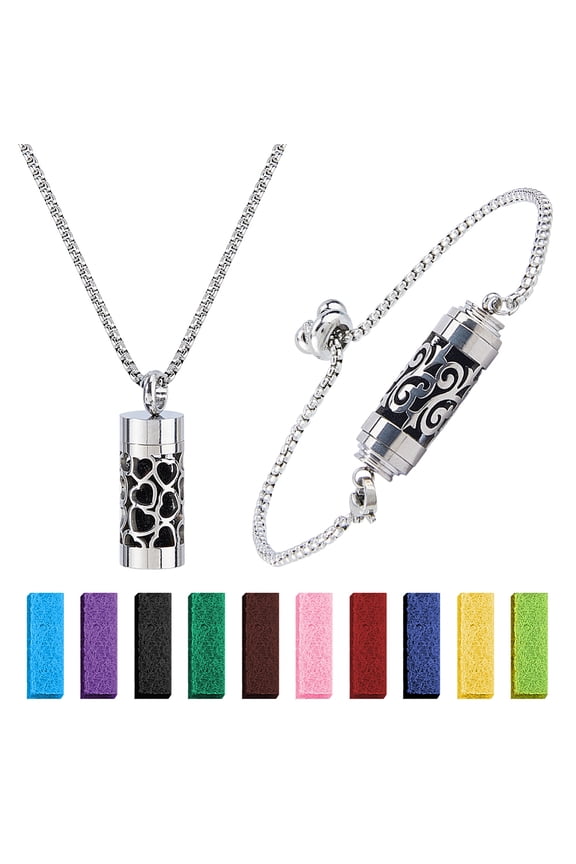 1 Set 316 Surgical Stainless Steel Box Chain Hollow Column Perfume Bottle Pendant Necklaces with 1Set Slider Bracelets Stainless Steel Color