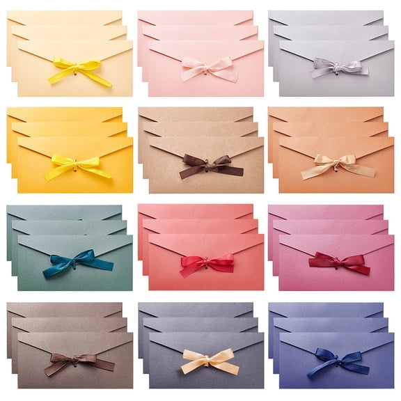 1 Set 36Pcs 12 Colors Paper Envelope with Bowknot Rectangle Mixed Color 220x110x1.5mm 3pcs/color