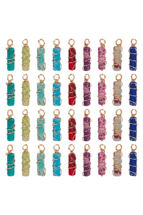 1 Set 36Pcs 9 Colors Dyed Imperial Jasper Copper Wire Wrapped Pendants Column Charms Real 18K Gold Plated Mixed Color 19mm Hole: 2.5mm 4pcs/color