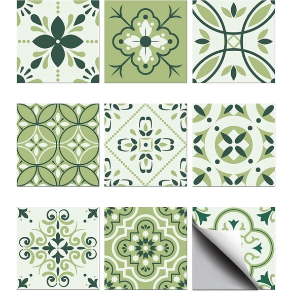 1 Set 36pcs 9 Styles Arab Pattern White Green Tile Stickers Waterproof Tile Stickers Square with Flower Pattern for Kitchen Bathroom Bedroom Wall Floor Decoration Dark Sea Green 3.93.9inch
