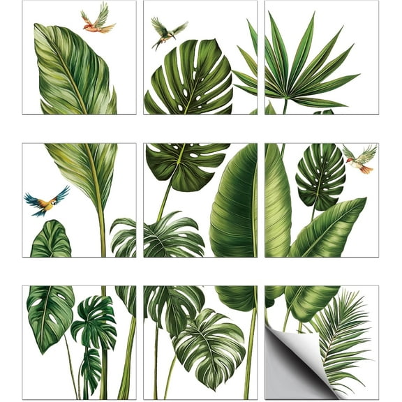 1 Set 36pcs 9 Styles Tropical Leaves Background Tile Stickers Waterproof Tile Stickers Square with Flower Pattern for Kitchen Bathroom Bedroom Wall Floor Decoration Dark Olive Green 3.93.9inch