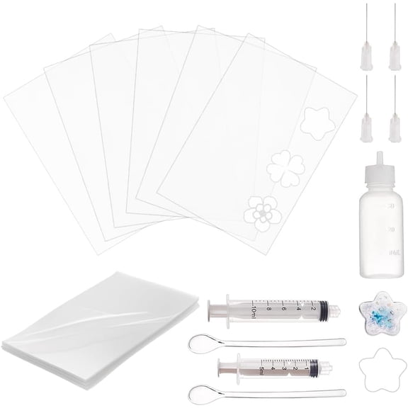 1 Set 39Pcs Plastic Sealing Protective Film Set 9x13cm White Shaker Mold Seal Films and Glue Dispensing Syringes and Plastic Needles & Bottle & Spoon for Resin Shaker Mold