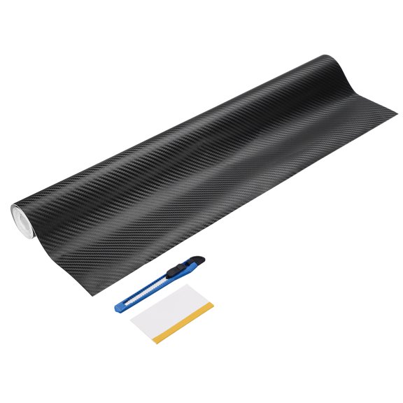 1 Set 3D Carbon Fiber Vinyl Wrap 19.69" x 10ft Self-Adhesive Car Sticker Waterproof Wrap Roll for DIY Decor Automotive Exterior Interior Protection with Scraper Tool, Black